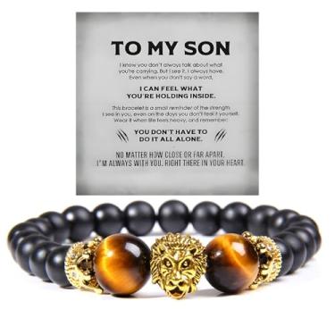 Imagem de DIOWUS The Guardian - Pulseira masculina de proteção para os olhos de tigre do filho, To My Son, da Mom Pedra Natural Leão com contas pretas de aço inoxidável, joia presente para aniversário e Natal