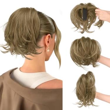 Imagem de SOFEIYAN Extensão de rabo de cavalo curto com clipe de garra, faça você mesmo, fios dobráveis, coque de cabelo falso fofo, extensões de rabo de cavalo de cabelo sintético liso para Wonen - marrom