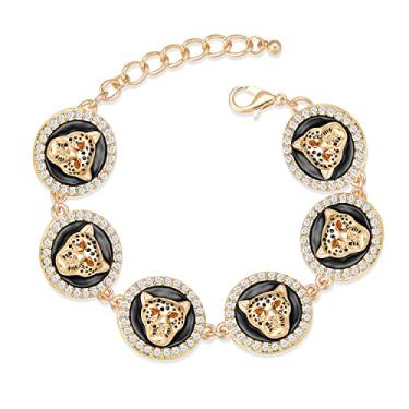 Imagem de OSCCI Pulseira feminina colorida esmaltada com cabeça de leopardo, hip hop, corrente ligada a ouro, pantera, coquetel, bijuteria de clube, One Size, Zinco, Strass