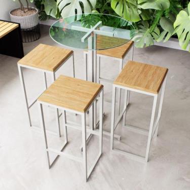 Imagem de Conjunto Mesa Alta Bar Bistrô Redonda Vidro 4 Bancos Pinus Industrial 