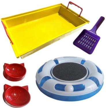 Imagem de Kit 5 em 1 Bandeja, Pá Higiênica, 2 Comedores e Brinquedo Pista com Gu