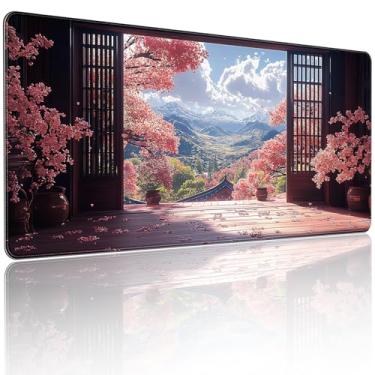 Imagem de Yuansm 90 x 40 cm, mouse pad grande, teclado e mouse pad para computadores domésticos e trabalho e laptop grande, estilo japonês, vista da montanha em flor de cerejeira
