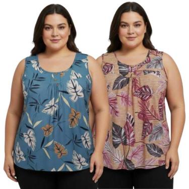 Imagem de Kit 2 Regata Feminina Plus Malha Fria Estampadas Senhoras - PMQ, GG