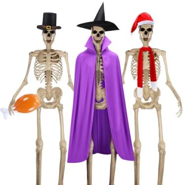 Imagem de Geyoga Conjunto de 6 peças de acessórios de roupas de esqueleto de 3,6 m para decorações gigantes de Natal de Halloween, chapéu de bruxa, capa, cachecol, chapéu de feltro de Papai Noel, decoração de