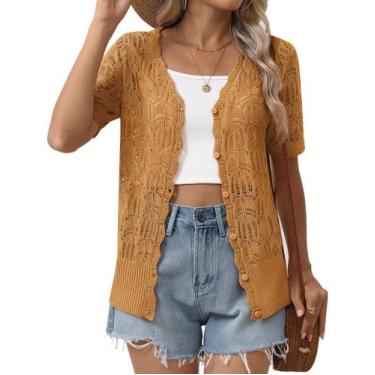 Imagem de Cardigan Zeagoo feminino de manga curta com decote em V, leve e botão