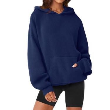 Imagem de Moletom feminino MEROKEETY 2024, com capuz grande, azul marinho