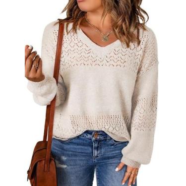 Imagem de Suéter feminino Eytino Plus Size com decote em V, crochê 2X branco