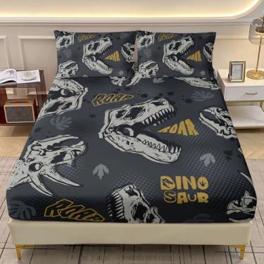 Imagem de AILONEN Jogo de lençol Queen com estampa de fóssil de dinossauro, cinza - lençol com elástico de dinossauros legais e 2 fronhas - Jogo de cama de microfibra macia de animais antigos, 3 peças