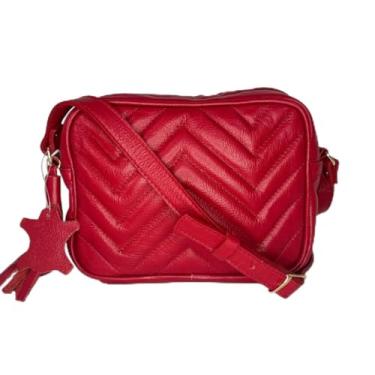 Imagem de Bolsa Transversal Feminina em Couro Legítimo, Estampa Zig Zag, Vermelha