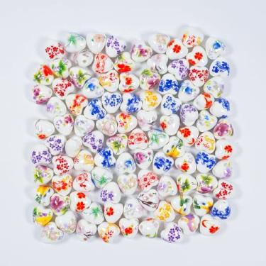 Imagem de Kit sortido de 100 peças de contas de cerâmica, contas de porcelana em forma de coração, contas espaçadoras impressas com flores multicoloridas para fazer joias, artesanato, colar, pulseira (coração)