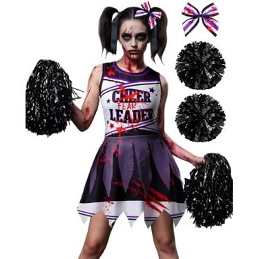 Imagem de JenPen Scary Halloween Cheerleader Outfit for Girls Bloody Cheerleader Costume Bow for Dress up Cosplay Party(Purple Gauze, 3-5 Years)