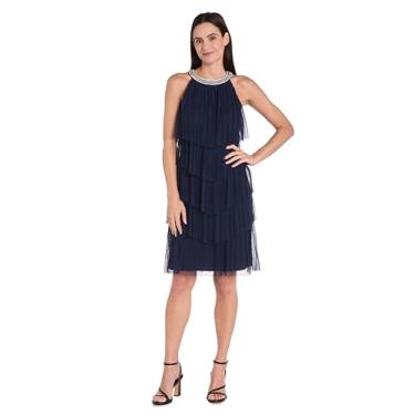 Imagem de Vestido de noite plissado de malha em camadas - comprimento até o joelho, gola de cristal - formal e coquetel, Azul marino, 48