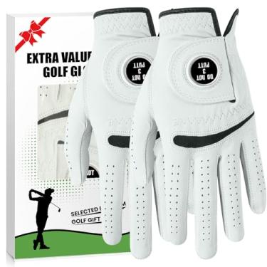 Imagem de Luvas de golfe masculinas Cabretta de couro com marcador de bola, pacote com 2, aderência antiderrapante para todos os climas para golfista canhoto destro, luva de golfe masculina premium respirável