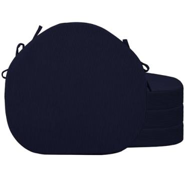 Imagem de idee-home Conjunto de 4 almofadas para cadeira de jantar, almofadas de assento Windsor de espuma de alta resiliência, almofadas de veludo cotelê para cadeira de cozinha com laços, 42 x 39 x 5 cm, azul