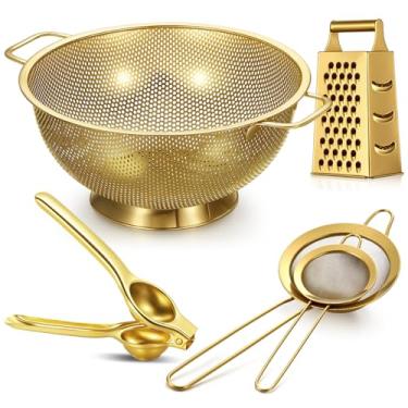 Imagem de Sawysine 5 peças de utensílios de cozinha dourados, incluindo escorredor de ouro de 4 litros e conjunto de 2 coadores, espremedor de limão, ralador de aço inoxidável 4 lados com alça para cozinha