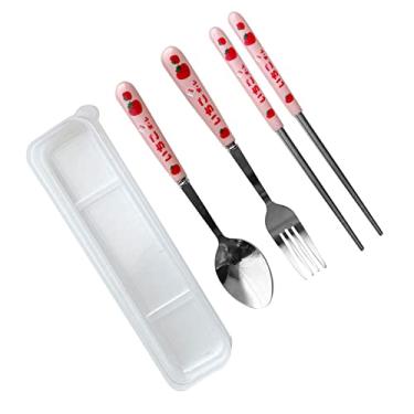 Imagem de ZJchao 3 Peça Talheres Conjunto Colher Garfo Pauzinhos Utensílios de Mesa de Aço Inoxidável Definido Com Padrão Morango Rosa e Caixa de Armazenamento Transparente para Casa Ao Ar Livre