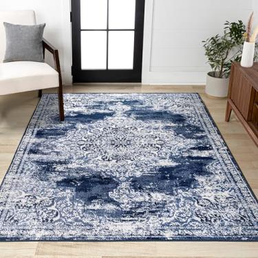 Imagem de JONATHAN Y Alhambra Medalhão ornamentado moderno azul marinho/marfim 91 cm x 1,5 m. Tapete de área, vintage, boêmio, transitório, tradicional, fácil de limpar, quarto, sala de estar, sem queda