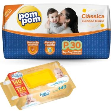 Imagem de Kit 01 Pacote Fraldas Descartáveis PomPom P M G XG + 140 Lenços Toalhas Umedecidos para Bebê UPA (Pequeno)