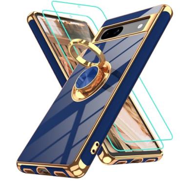 Imagem de Gritup Capa para Google Pixel 7A | 2 peças protetoras de tela | Suporte magnético de rotação de 360° | Revestimento dourado macio TPU protetor básico para celular Pixel 7A azul