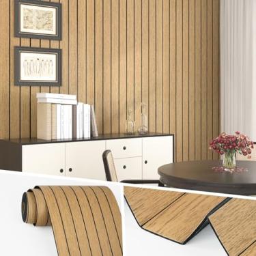 Imagem de Wallercity Painéis de madeira marrom para parede descascar e colar 3D painel de ripas de parede à prova de som vertical para quarto banheiro 30,5 cm x 508 cm