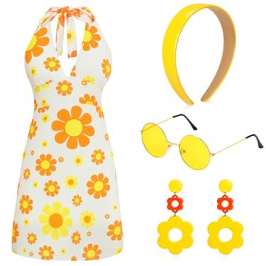 Imagem de SATINIOR 4 peças de fantasia hippie feminina dos anos 60 e 70, roupa de discoteca retrô, brinco descolado, faixa de cabeça, vestido de óculos de sol para festa de Halloween (médio)