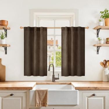 Imagem de YoungsTex Cortinas de cozinha de linho marrom 91 cm de comprimento, cortina de meia janela com filtro de luz semitransparente com bolso de haste para janela de café e banheiro sobre a pia, 76 x 91 cm