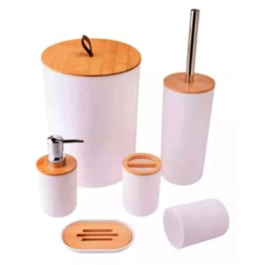 Imagem de Kit de Acessórios para Banheiro, 6 Peças, Branco com Detalhes em Madeira, Design Moderno