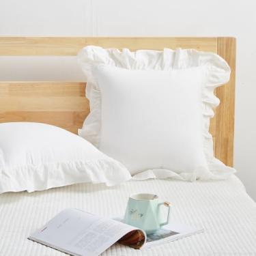 Imagem de Mywinlle Capas de almofada decorativas com babados brancos para sofá, pacote com 2 fronhas vintage de algodão lavado para cama, sofá, sala de estar - 50,8 cm x 50,8 cm