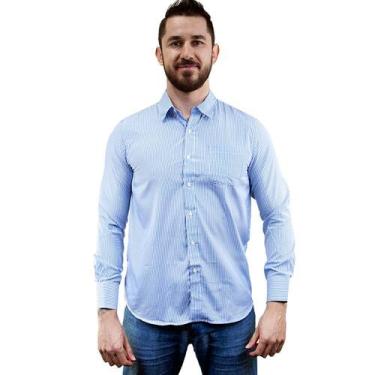 Imagem de Camisa Social Masculina Listrada Manga Longa Camisaria Colombo Azul Ma