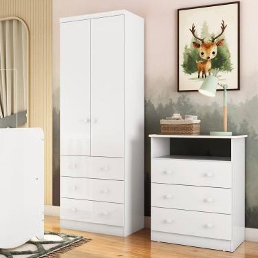 Imagem de Quarto Infantil com Guarda Roupas 2 Portas 3 Gavetas e Cômoda 3 Gavetas Smim New Móveis Peroba