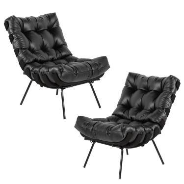 Imagem de Kit 2 Poltrona Decorativa Sala de Estar Costela Base Preta Couro Preto - Gran Belo