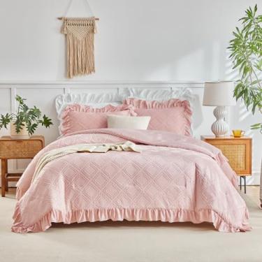 Imagem de Conjunto de edredom com babados e bolinhas adornadas, tamanho casal/Queen, 3 peças de edredons de casa de fazenda, bordado de luxo, pompom, pompom, boêmio, boêmio (1 edredom + 2 fronhas, 02)