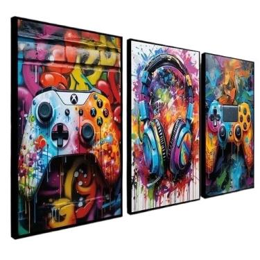Imagem de Kit Quadros Decorativos Para Sala Quarto Gamer Jogos Neon Premium 3 Peças Instalação Fácil(08,60x40)