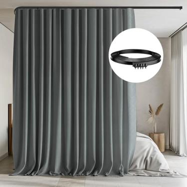 Imagem de Cortinas divisórias de quarto com conjunto de trilhos de teto flexíveis, cortina blecaute para montagem no teto, cortina de privacidade, divisores de quarto para trilho de teto (cinza escuro drapeado
