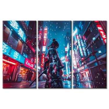 Imagem de Tela de imagem Samurai 3 painéis Cyberpunk Samurai pintura de parede moderna decoração de parede em tela para sala de estar quarto pôsteres impressos emoldurados prontos para pendurar (106 cm L x 71