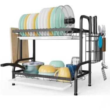 Imagem de Escorredor de Louça 2 Andares Metal Preto com Bandeja Coletora Suporte para Talheres e Ganchos Laterais Antiferrugem 42x24,5x40cm Organização Cozinha Bancada Moderna