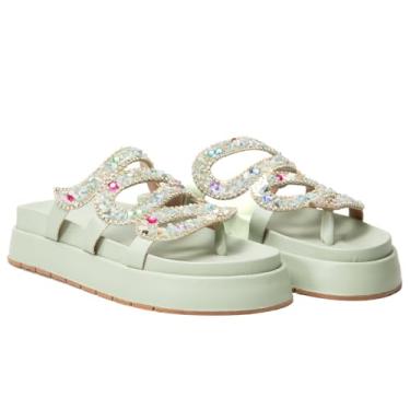 Imagem de Papete Flatform Feminina com Pedras Naturais, Preta, Dourada e Verde, Couro Sintético, Plataforma 3.5cm, Tiras Decoradas, Casual e Elegante (Azul-Multicolor, BR, Adulto, Numérico, 40)