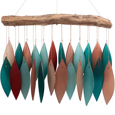 Imagem de Gift Essentials Blue Handworks Coral e Teal Glass & Driftwood Chime, Vidro Jateado e Madeira Encontrada Carrilhão de Vento Feito À Mão