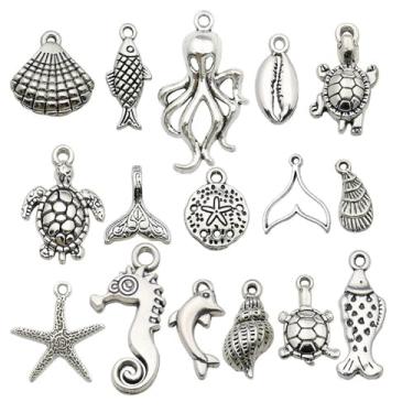 Imagem de 15 peças, pingentes de animais do oceano, pingente de vida marinha, estrela-do-mar, cavalo, caranguejo, peixe, tartaruga, pingentes, pingentes para fazer joias, verão, litoral, faça você mesmo, colar