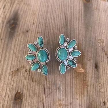 Imagem de Brincos femininos com pingente de gota oval turquesa boho com contas de flor ocidental em forma de gota, pingente de liga étnica vintage, aniversário, dia dos namorados, joias para presente, 1, Pedra