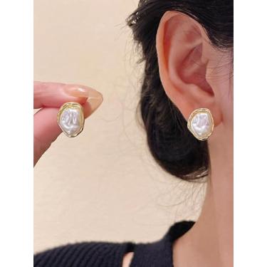 Imagem de Brincos femininos de strass de flor de pérola - Brincos pendentes de ouro delicado, design de laço fofo banhado a ouro 14 k, Medium, Latão, Sem pedra preciosa