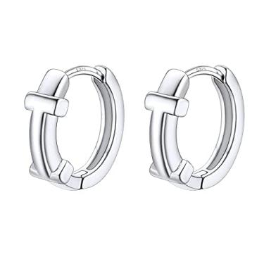 Imagem de Brincos femininos com letras de platina, brincos de prata esterlina, pequenos aros de pressão, One Size, Aço inoxidável, Sem pedra preciosa