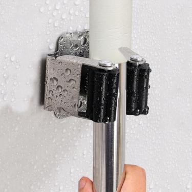 Imagem de 1 conjunto de suportes de vassoura de esfregão fixados na parede com parafusos montados prateleiras de banheiro para cozinha doméstica 4,5 x 5 x 4 cm, prata e preto