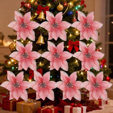 Imagem de 10 peças de flores artificiais de Natal, ouro, vermelho, enfeites de árvore de Natal, festa de ano novo, guirlanda, presentes de Noel (rosa)