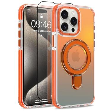 Imagem de MOWIME Capa magnética para iPhone 15 Pro Max com suporte [compatível com Magsafe] [Design fluorescente moderno] [1 protetor de tela] Capa fosca translúcida fina para iPhone 15 Pro Max 6,7 polegadas