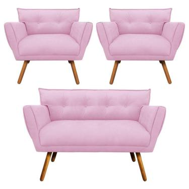 Imagem de Kit 01 Namoradeira E 02 Poltronas Anitta Suede Pés Palito Castanho D'rossi Cor Rosa Bebê