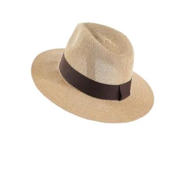 Imagem de Chapéu de palha masculino primavera letra chapéu de sol panamá casual praia clássico palha jazz bacia chapéu bege ajuste