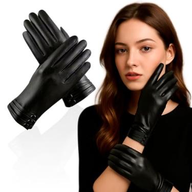 Imagem de Luva de Couro Premium para Motociclista, Feminina, Preta, Couro de Carneiro com Forro de Lã, Compatível com Tela Sensível ao Toque, para Inverno e Motociclismo
