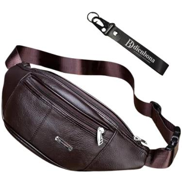 Imagem de Dienbona Pochete vintage de couro genuíno com alça de chaveiro, alça ajustável, bolsos com zíper de viagem, bolsa transversal, mochila de cintura de couro bovino, marrom mogno, Height 4.75in, Width
