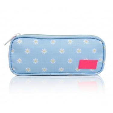 Imagem de Estojo Escolar Duplo Juvenil com Estampa de Margaridas, Azul Claro, 2 Compartimentos com Zíper, Tecido Resistente